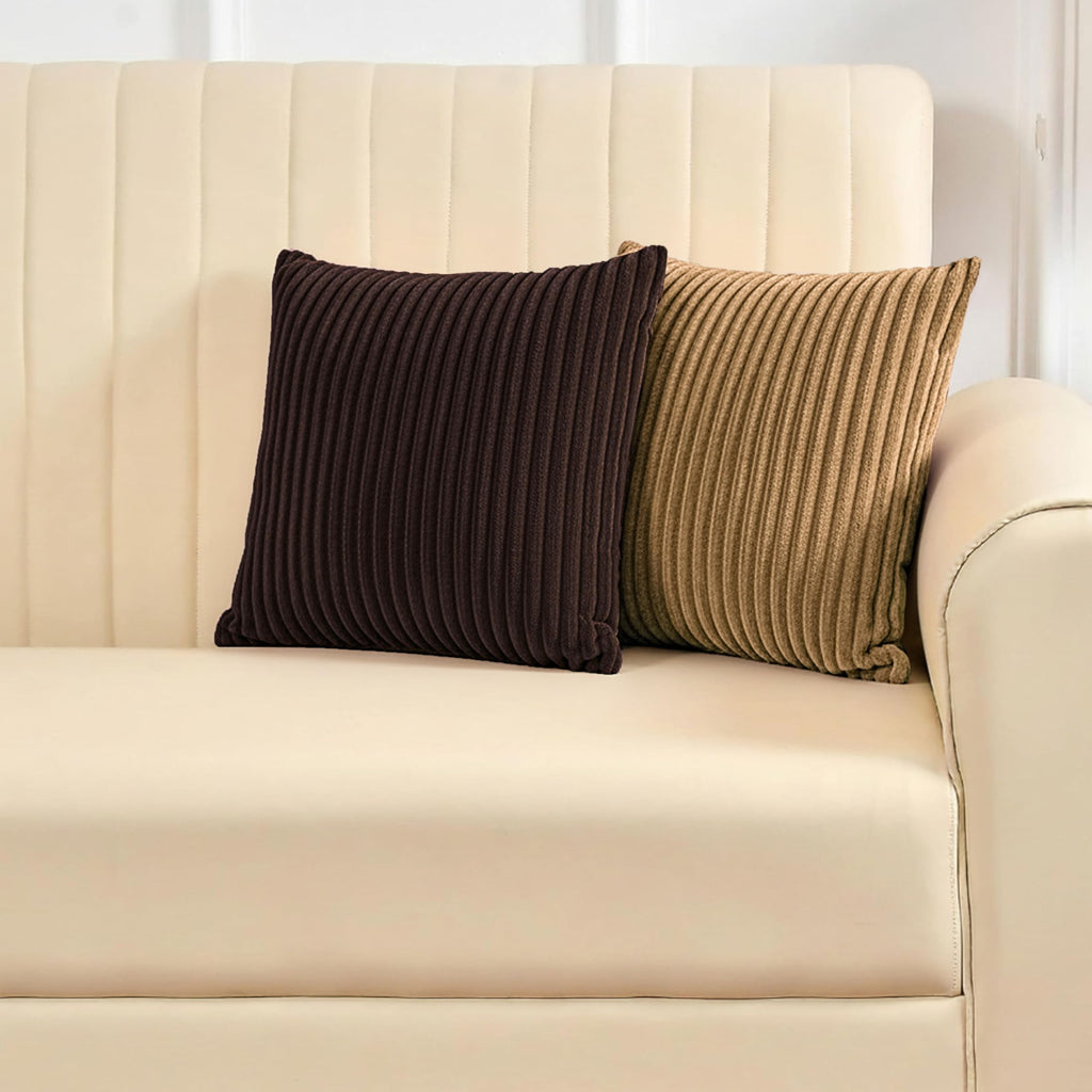 Yellow Weaves Pencil-Stripe Fur Cushion Covers | Soft Polyester | Decorative Sofa & Throw Pillow Covers | 16x16 Inches, Pack of 2 (Coffee & Golden Brown)
