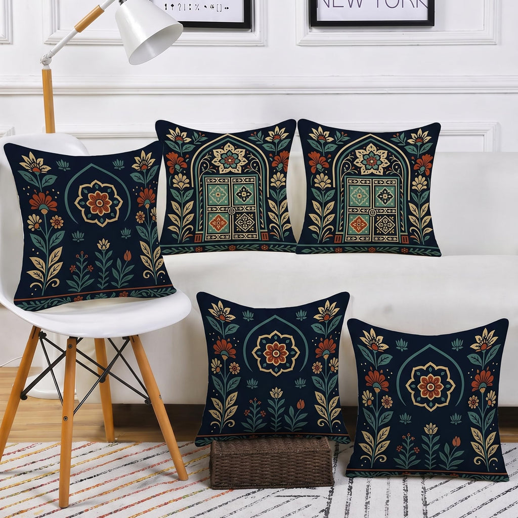 STITCHNEST Satin Cushion Covers Pack of 5 Rajasthani Haveli Door & Floral Arch Design, 16x16 Inch, Black Ethnic Decor for Sofa, Living Room & Festive Styling