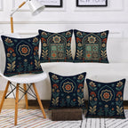 STITCHNEST Satin Cushion Covers Pack of 5 Rajasthani Haveli Door & Floral Arch Design, 16x16 Inch, Black Ethnic Decor for Sofa, Living Room & Festive Styling