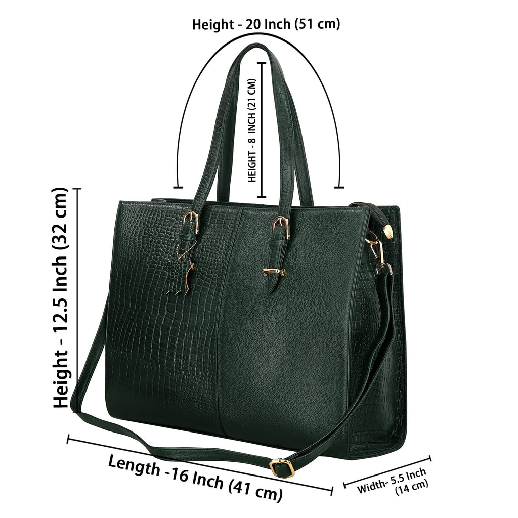 RICHSIGN LEATHER ACCESSORIES Full-Grain Natural Cro Leather Ladies Handbags & Sling Shoulder Tote Bags For Women Laptop Big Size Branded Stylish..Size- L-16 X H-12.5 x W- 5.5 Inches (GREEN DARK)