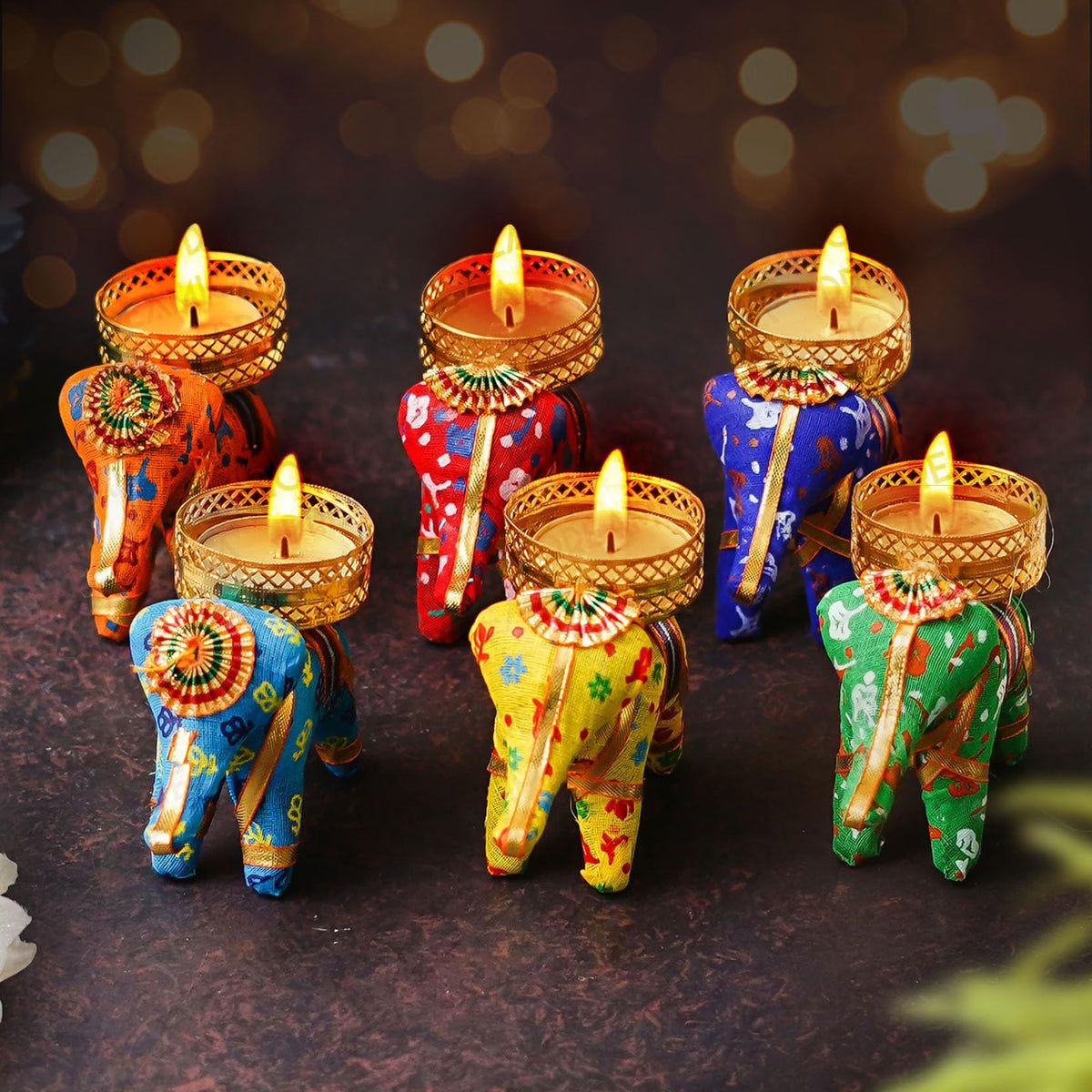 TIED RIBBONS Set of 6 Handcrafted Recycled Material Elephant Tealight Candle Holder for Diya Home Decoration (Multicolor, 8 X 5 X 10 cm) - Decor Items - Candles Diya for Home Decoration