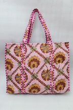 HOUSE OF GULAB Tote Bag for Women Cotton Canvas Tote Bag with Long Handle & Inside Pocket Shoulder Handbag Shopping College Office Travel Reusable Cloth Bag Large Ladies Bag (Baby Pink & Brown)