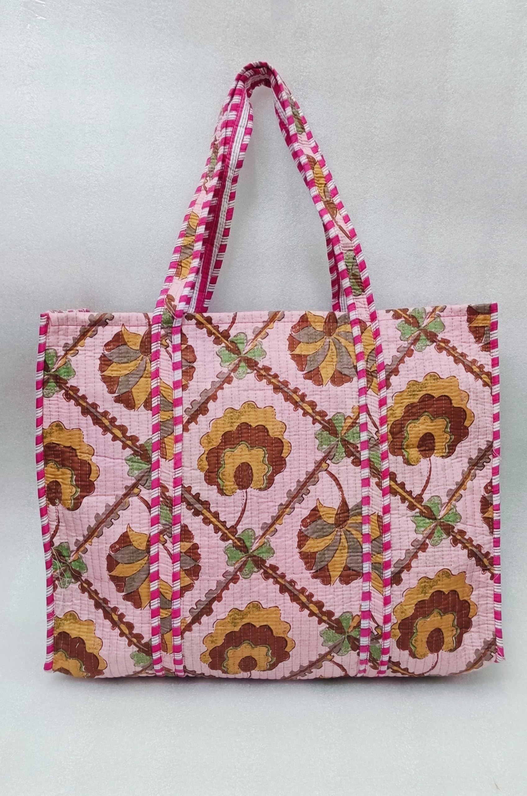 HOUSE OF GULAB Tote Bag for Women Cotton Canvas Tote Bag with Long Handle & Inside Pocket Shoulder Handbag Shopping College Office Travel Reusable Cloth Bag Large Ladies Bag (Baby Pink & Brown)