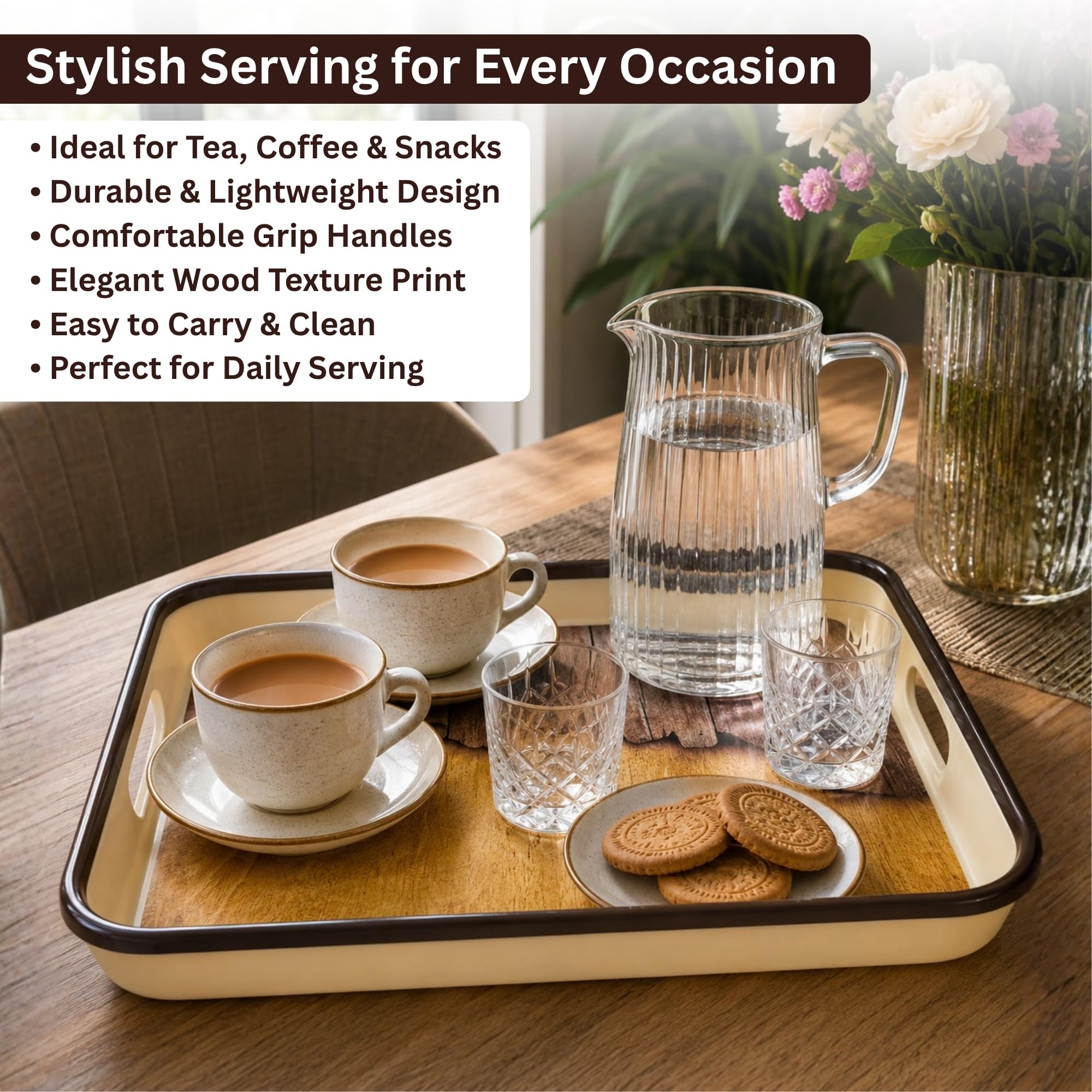 Plastic Serving Tray with Handles | Glossy Finish Storage Organizer Tray | Lightweight Multipurpose Tea Coffee Snack Serving Tray for Kitchen, Dining Table & Home Decor (Beige, Set of 1)
