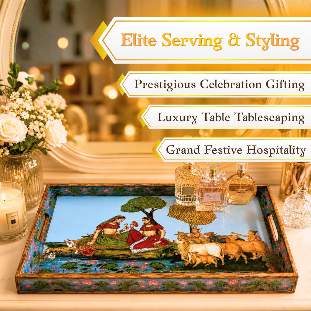 Pavitra Uphaar Vrindavan Tales Serving Tray, Solid Wood, Handcrafted, Sacred Pichwai Art, Gold Leaf (Large)