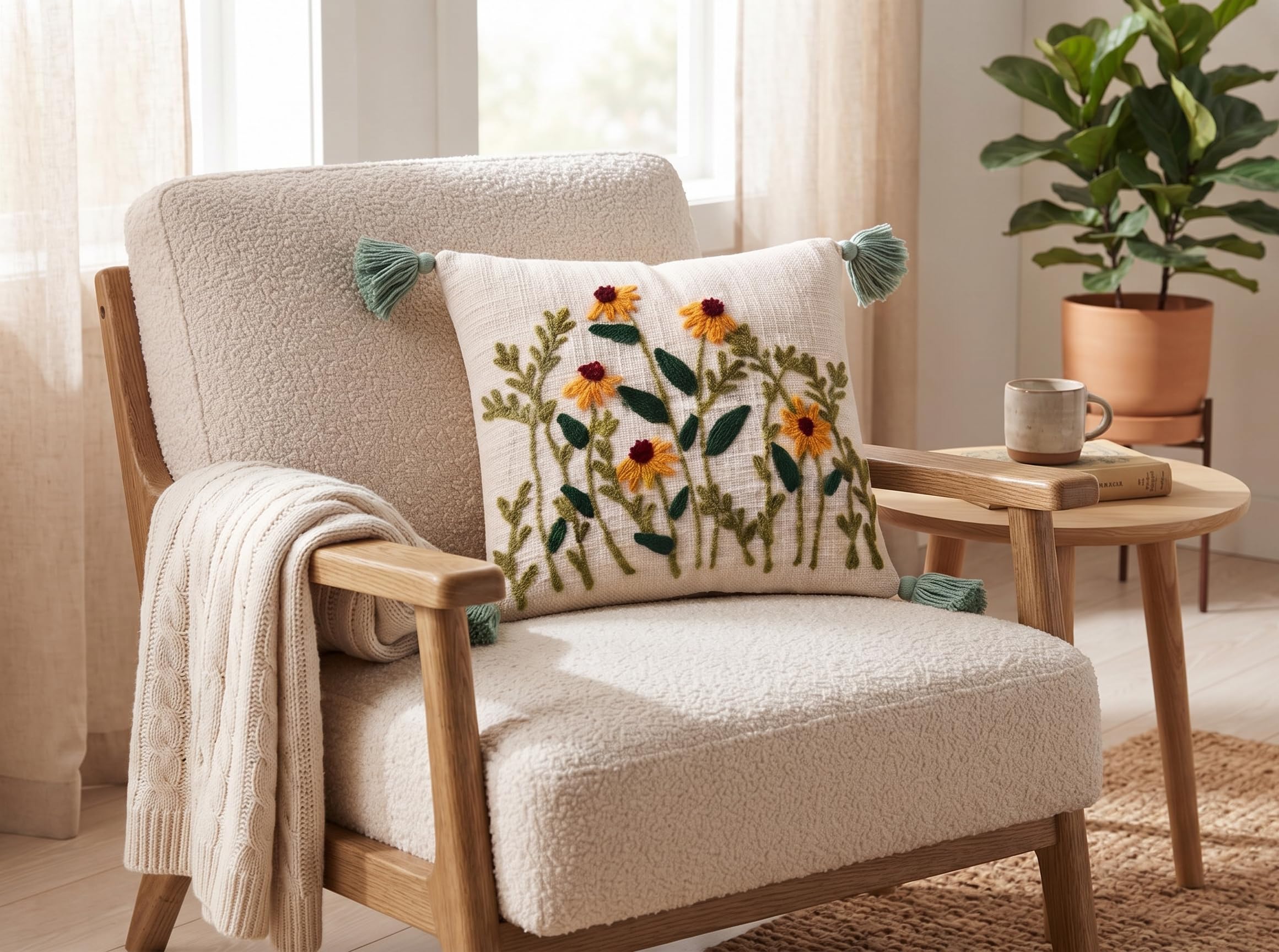 Furnistitchs Handmade Tufted Boho Cushion Covers 12x12 Inches | Embroidered Sofa Pillow Cases | Rustic Bohemian Decorative Throw Cushions for Couch Bedroom Living Room (5, Natural Flower Cut)
