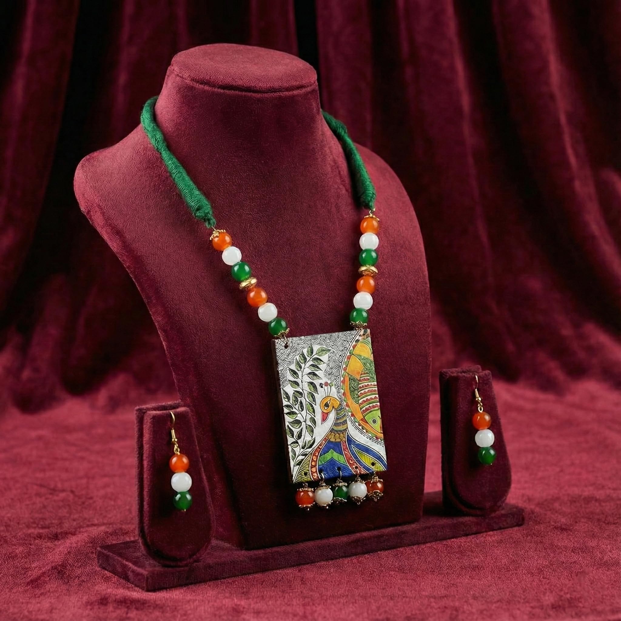 JFL - Jewellery for Less Stylish Tiranga/Tricolour/National Flag Necklace set with Peacock Pendant Handmade Fashion Jewellery for Independence Day/Republic Day Women & Girls