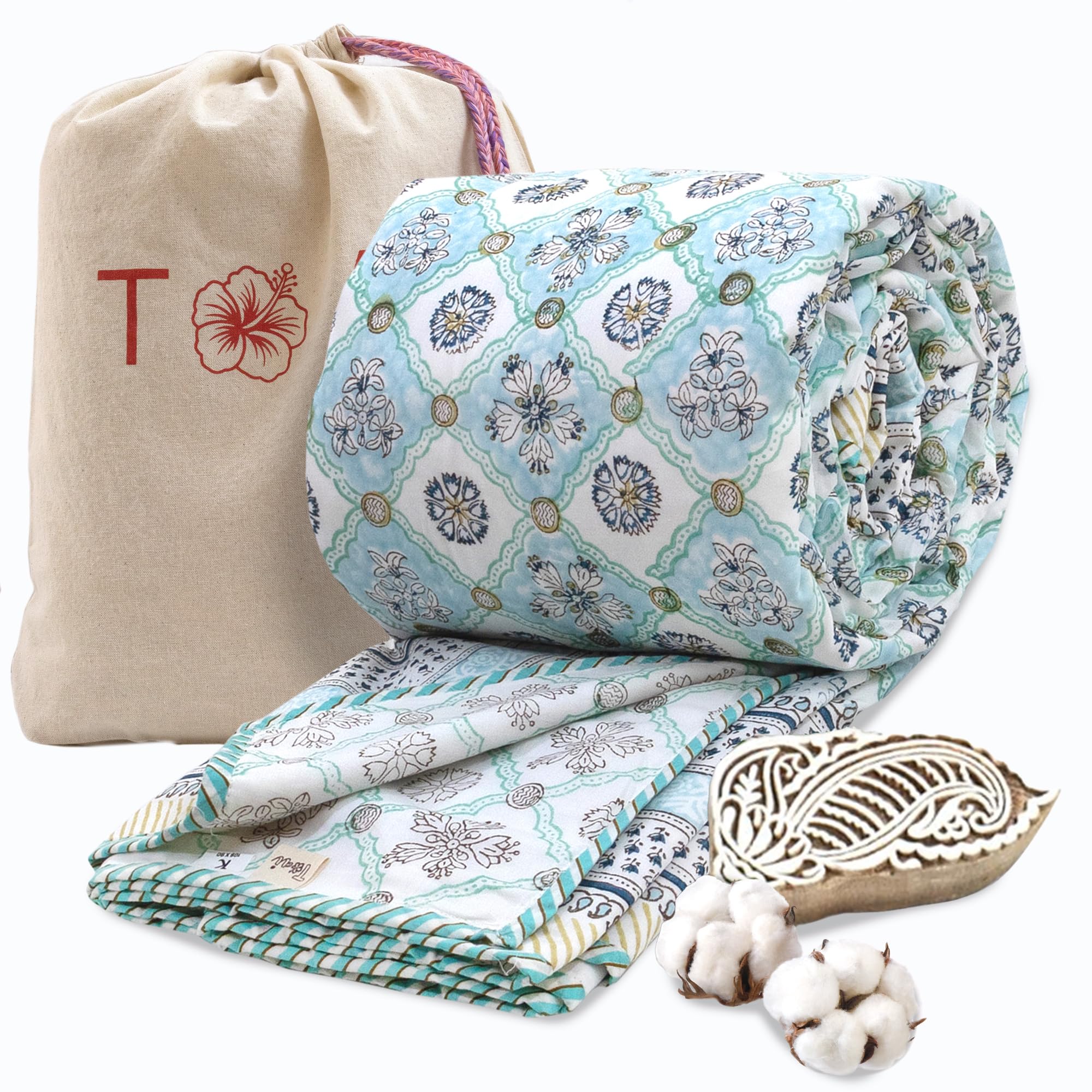 TOAIArt Premium Jaipuri Dohar | AC Blanket Summer Quilt | Hand Block Printed | 3 Layers | Reversible | 150GSM 100% Mulmul Cotton | 100% Cotton Flannel Filling | Queen 90 X 108 |Small Blue Jaal Kafalo