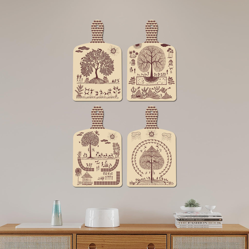 Artvibes Traditional Indian Village Scene Tribal Warli Art Decorative Wall Art MDF Wooden Wall Hanger for Home | Printed Wall Decoration | Wall Poster | Graphic Art | Unique Gift (WH_5627N), Set of 4