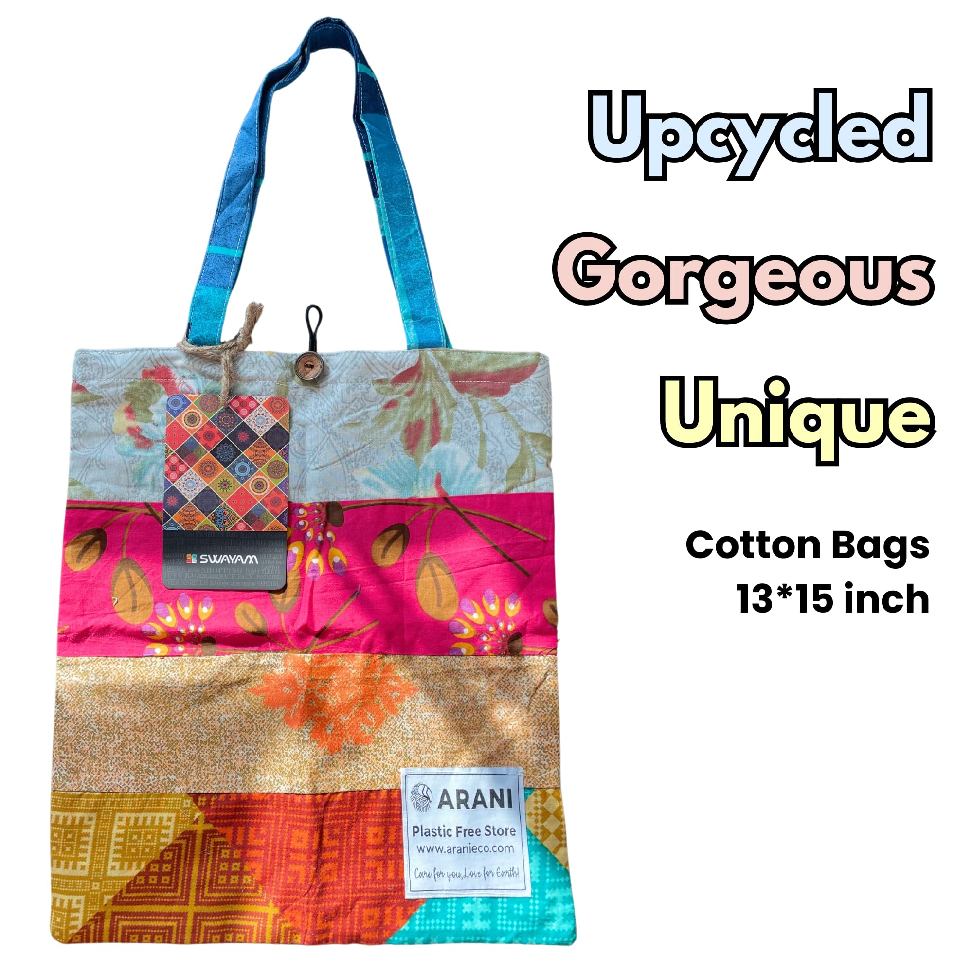 Arani Eco Upcycled Cotton Carry Bag | 13 * 15 inch | Reversible | Perfect for gifting | Made with fabric pieces from textile production | Created by senior design professionals at Swayam India