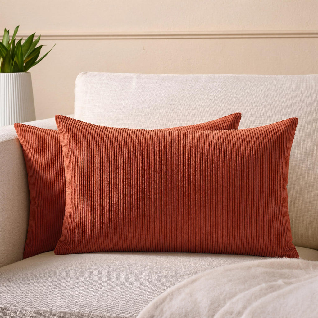 Encasa XO Corduroy Cushion Covers, No Inserts, Set of 2, Brick