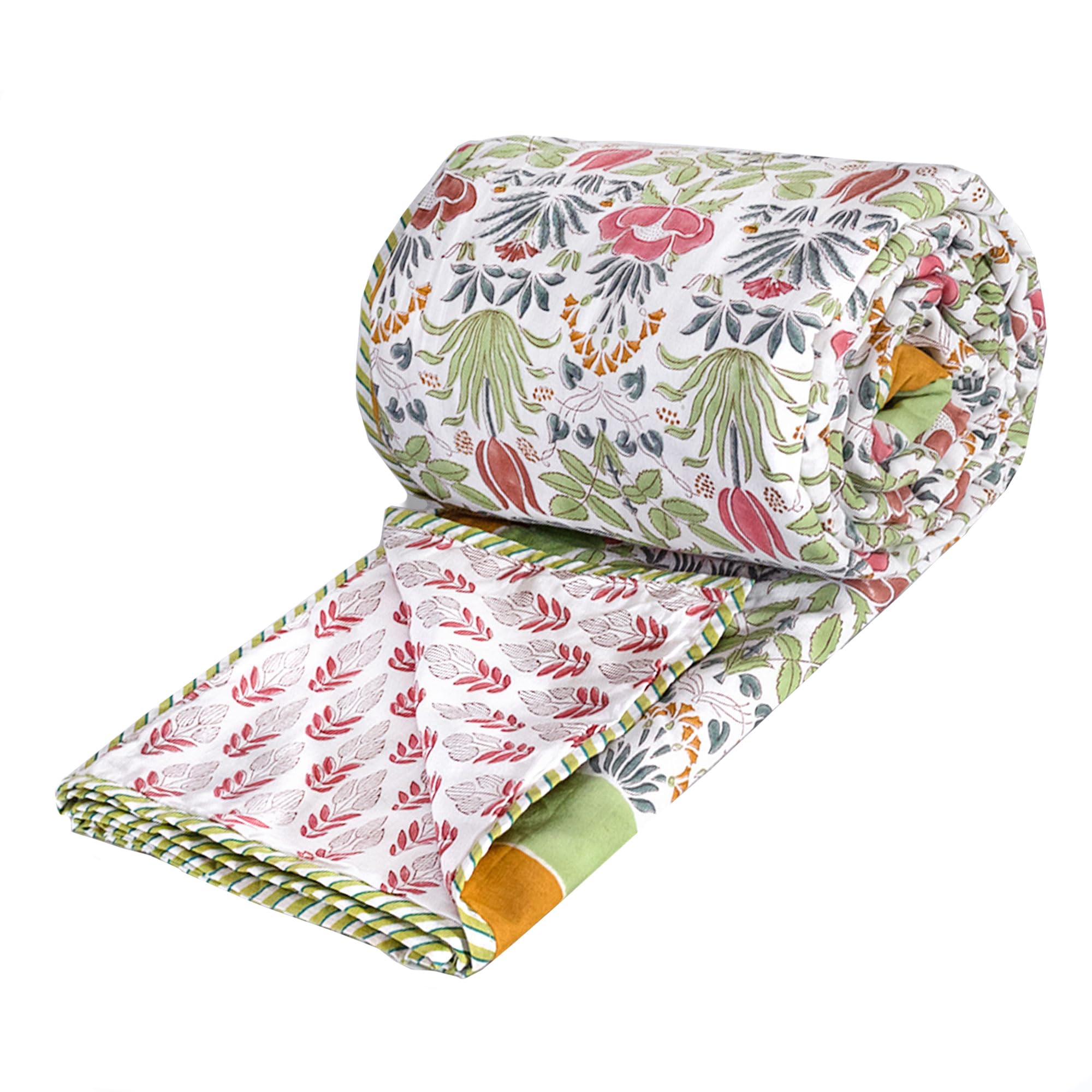 TOAIArt Premium Jaipuri Dohar | AC Blanket Summer Quilt | Hand Block Printed | 3 Layers | Reversible | 150GSM 100% Mulmul Cotton | 100% Cotton Flannel Filling | Queen 90 X 108 | Spring Floral Kafalo