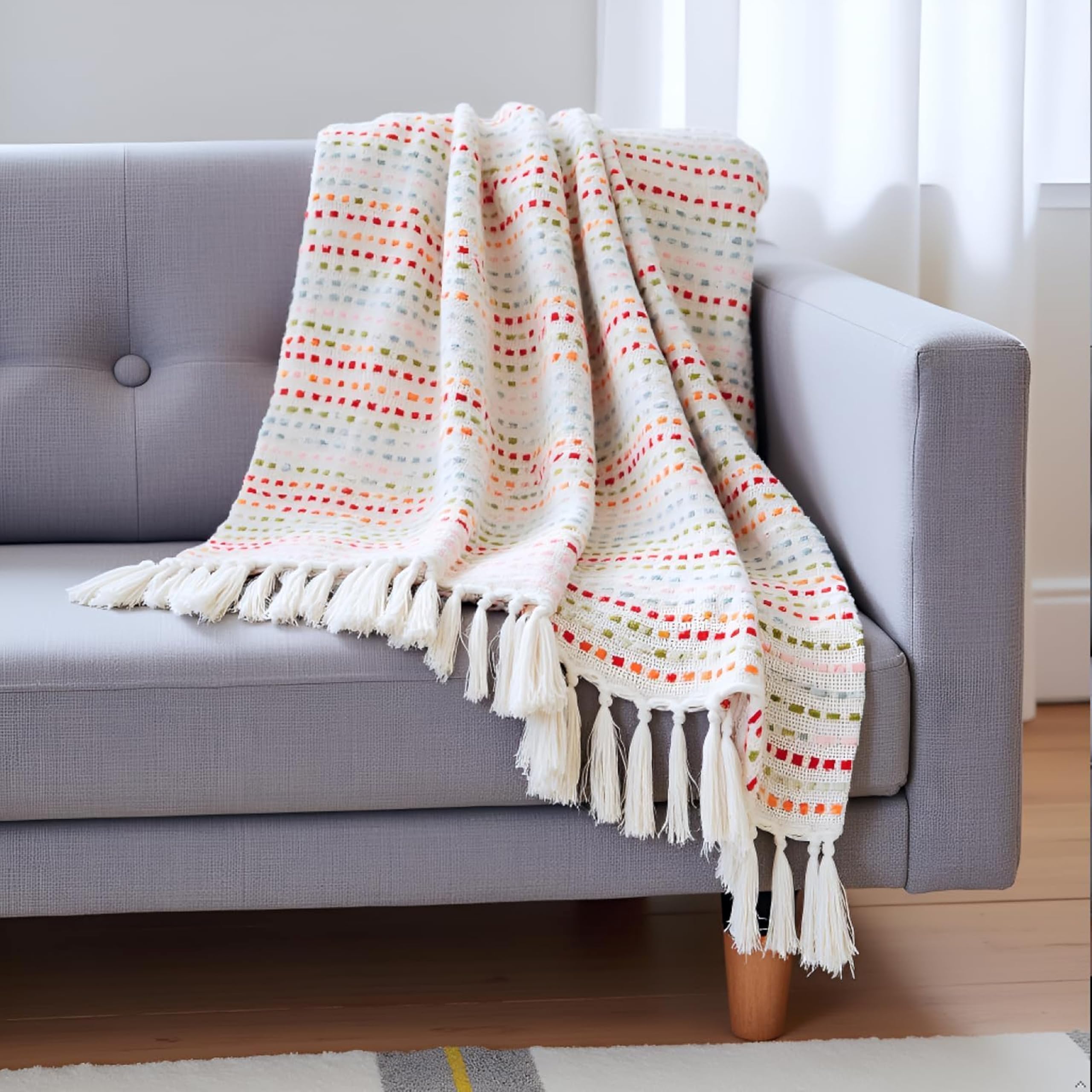 SAJAVAT HOME Hand Knitted Cotton Sofa Throw Blanket | Elegant Parchment Multi All-Season Throw for Sofa, Couch & Bed | Soft Lightweight Knitted Design with Tassels | 80×52 Inches (204×132 cm) Kafalo
