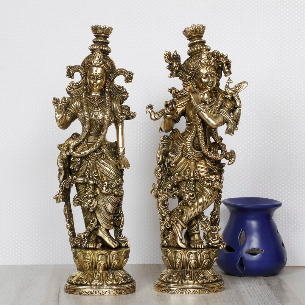 ARTVARKO Radha Krishna Brass Murti of Murli Kishan Playing Flute Radha Idol Standing on Lotus for Home Mandir Decor Marriage Height 14 Inch
