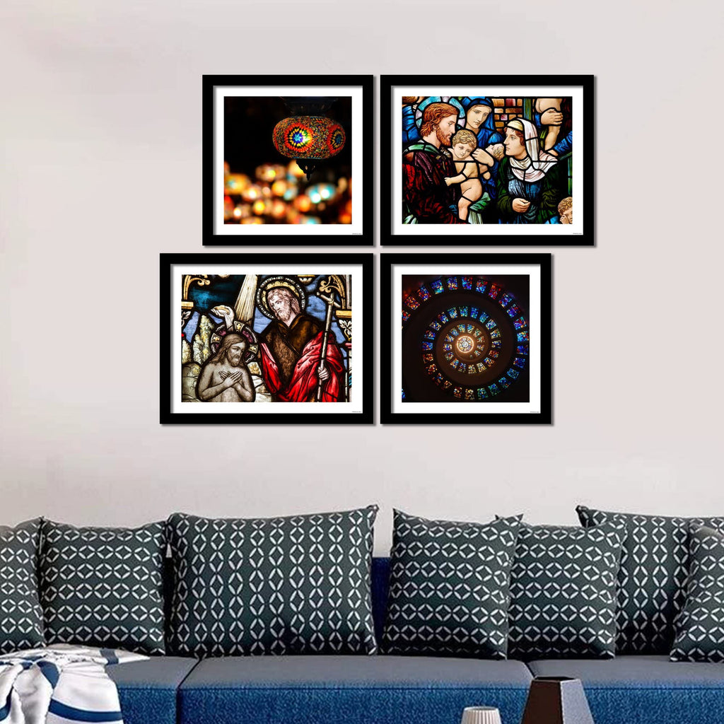 VIBECRAFTS Christian Stained Glass Art 4 Pieces Wall Frame Hanging For Office Digital Reprint Posters with Synthetic Wooden Home Decorative Gift Item (15 x 12 inch) (PFVC4Pcs3_1504)