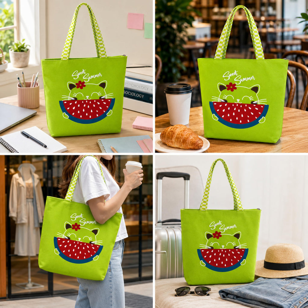 cantainoo Tote Bags | 300 GSM Canvas Tote Bag for Women | Tote Bags for Women | College, Shopping, Office & Everyday Carry Bag (Sweet Summer-Green, Medium Pack of 1)