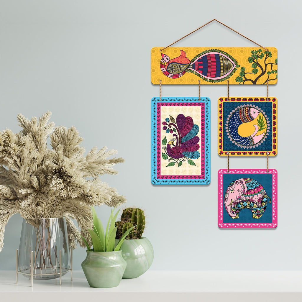 Artvibes Artistic Bird & Elephant Traditional Indian Folk Art Decorative Wall Hanging Ornaments | Printed Wall Decoration | Graphic Artwork | Wall Art Print | Sceneries | Unique Gift Items (WH_6534NN)