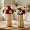BEHOMA Arrow Engrave Metal Cylindrical Vase for, Golden - 2 Pcs