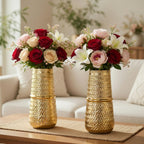 BEHOMA Arrow Engrave Metal Cylindrical Vase for, Golden - 2 Pcs