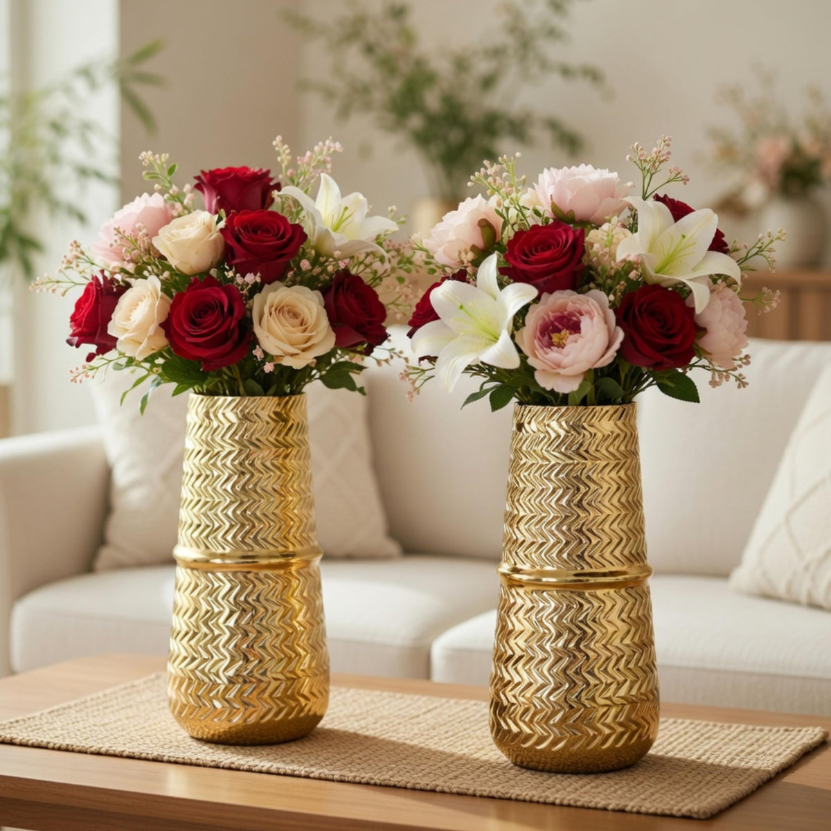 BEHOMA Arrow Engrave Metal Cylindrical Vase for, Golden - 2 Pcs