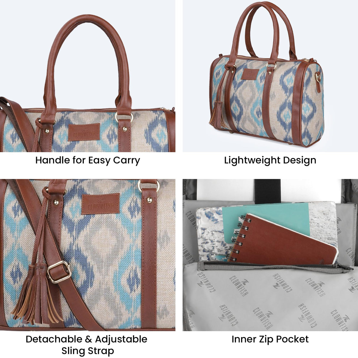 THE CLOWNFISH Lorna Printed Handicraft Fabric Handbag for Women Office Bag Ladies Shoulder Bag Tote for Women College Girls (Pearl with Patola Design)