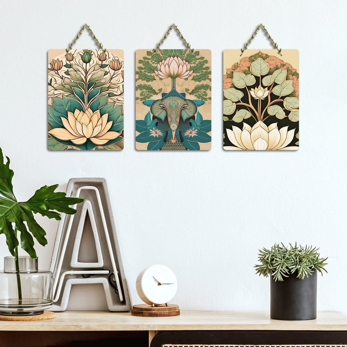 Artvibes Sacred Elephant & Artistic Lotus Modern Art Wooden Art Decoration Item for Living Room | Aesthetic Decor | Graphic Artwork | Wall Poster | Sceneries | Unique Gift Items (WH_96188N), Set of 3