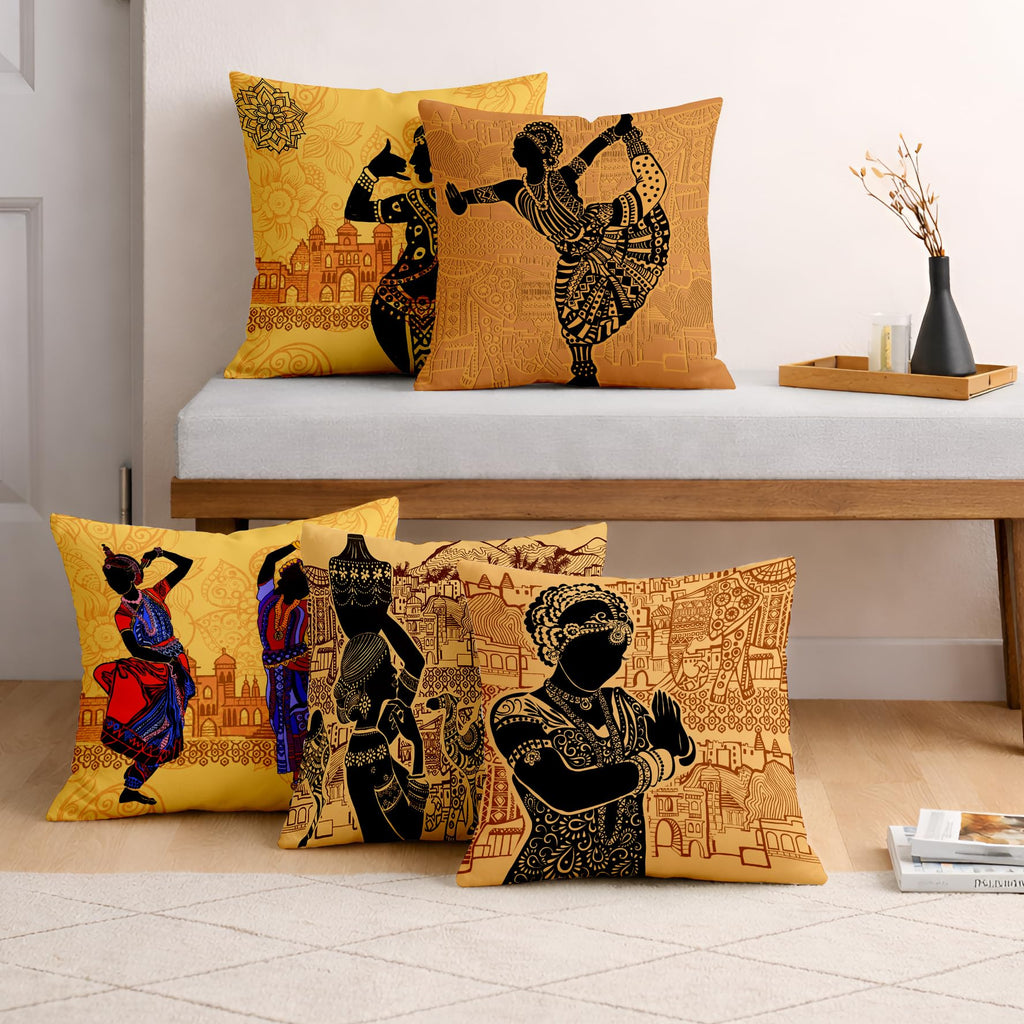 STITCHNEST Set of 5 Nritya Kala Collection Printed Jute Cushion Covers 24x24 Inches | Decorative Throw Pillow Covers for Sofa, Living Room, Bedroom | Perfect for Home Decor