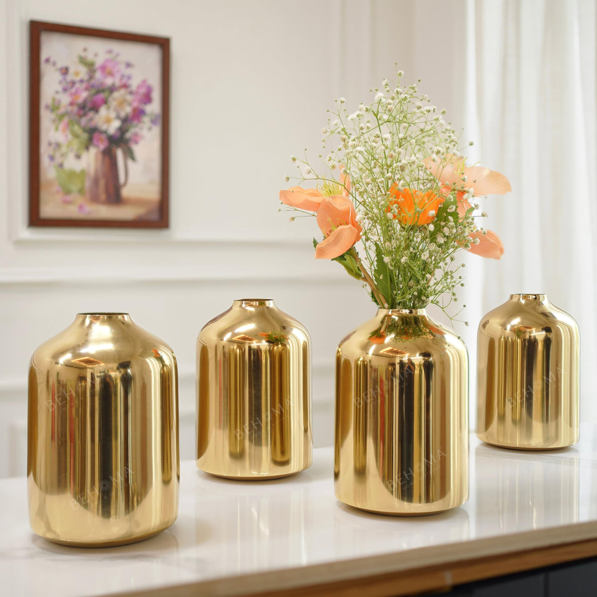 BEHOMA Metal Flower Vase Set of 4, Gold