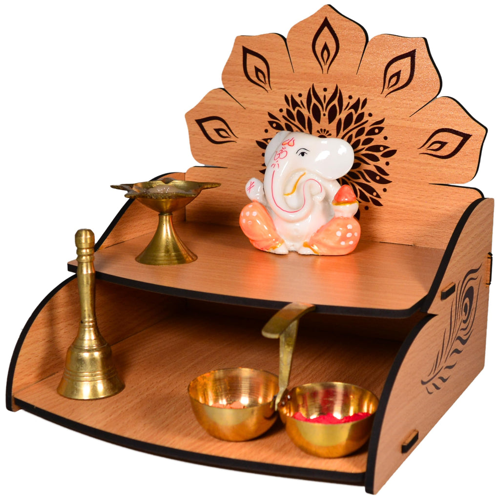11 Strokes Vidyut Wooden Pooja Mandir for Home Small Size - Wall Hanging Mini Devghar - Modern Singhasan for God, Small Wooden Temple & Office Puja Stand