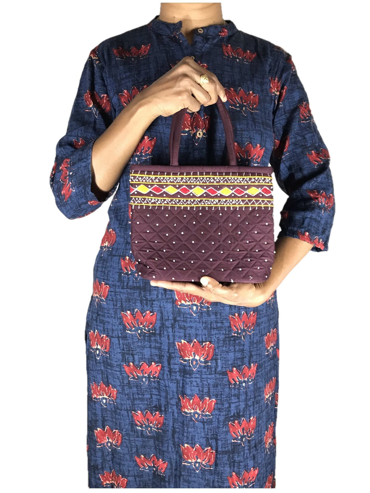 srishopify handicrafts SIZE MINI traditional hand bag for women stylish Design Small Handle Bags Cotton handmade 9x7x3 Inch(original Beads and Thread Work)