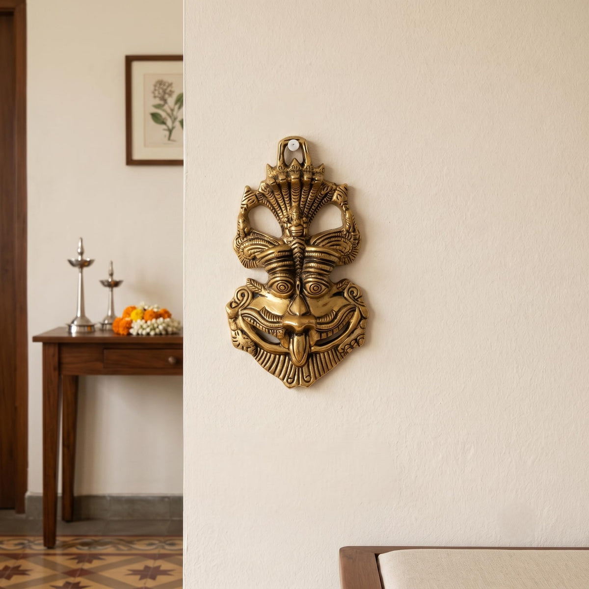 Kridaykraft Metal Feng Shui Vastu Showpiece Nazar Battu with Naag Ganesha Suraksha Kawach Mask for Evil Eye Protection for Home, Office Wall & Door Hanging (Gold, Medium) - 9.5 Cm