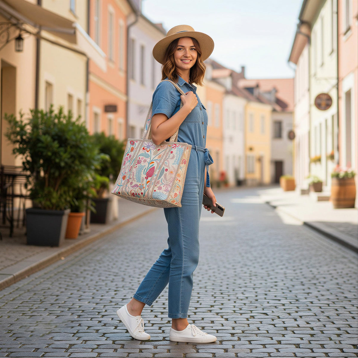 MITTICO Quilted Cotton Tote Bag – Handmade Large Travel Shoulder Bag with Zipper & Pockets – Lightweight, Durable & Stylish for Daily Use (Beige Floral)