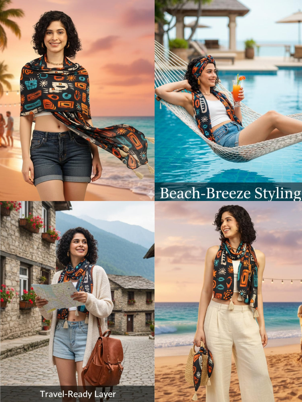KE KANHA EXPORTS Scarf for Women Boho | Border Print Stylish | Stole for Women Breathable Summer Beach Wrap with Tassels | Multicolour |180 x 50 cm FREE Scrunchie Included