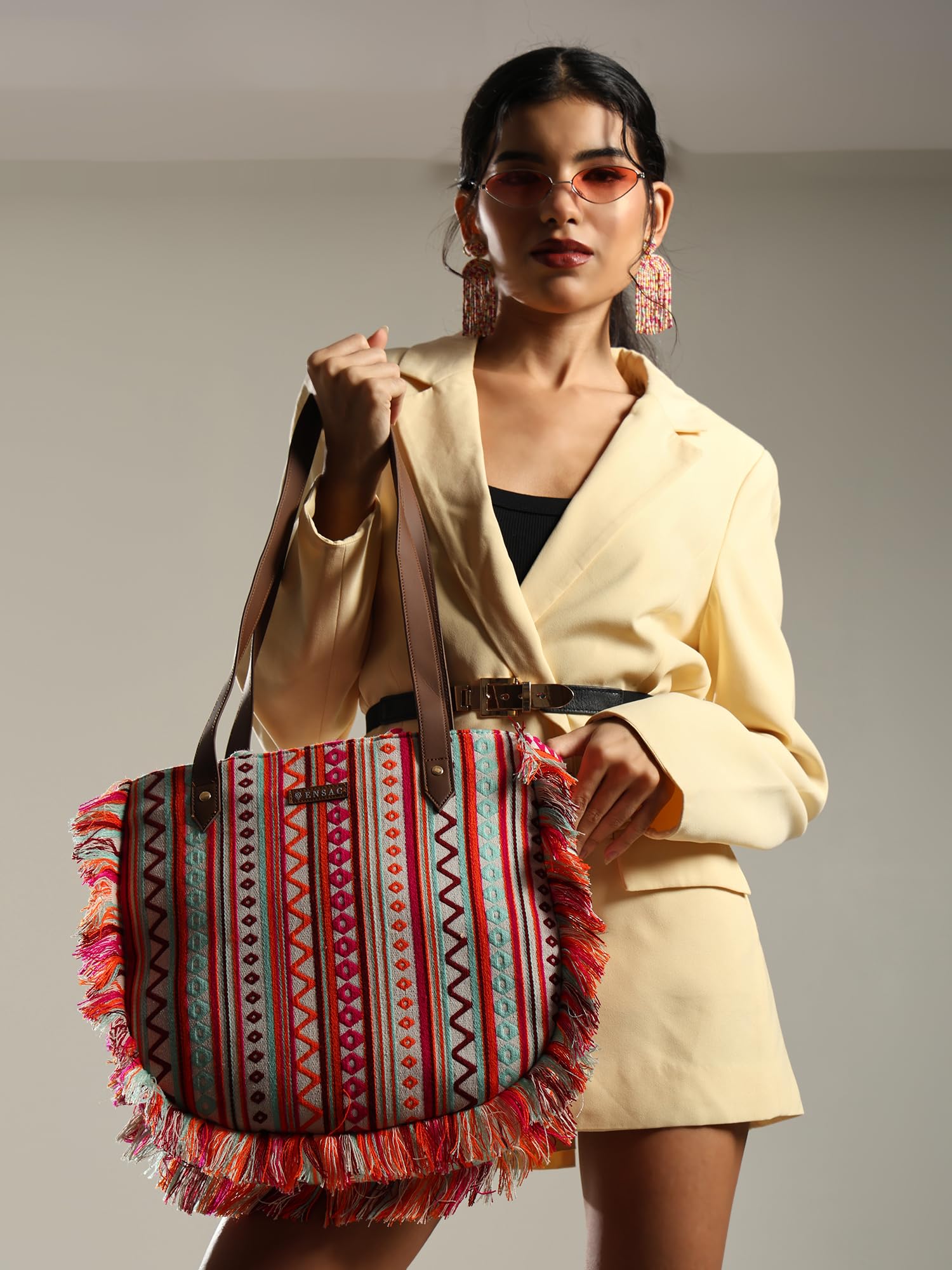 ENSAC Premium Cotton Tote Bag for Women, Stylish Handbag for women with Zip Closure | Fit for Office Bag, College, Travel Use | Handcrafted in India