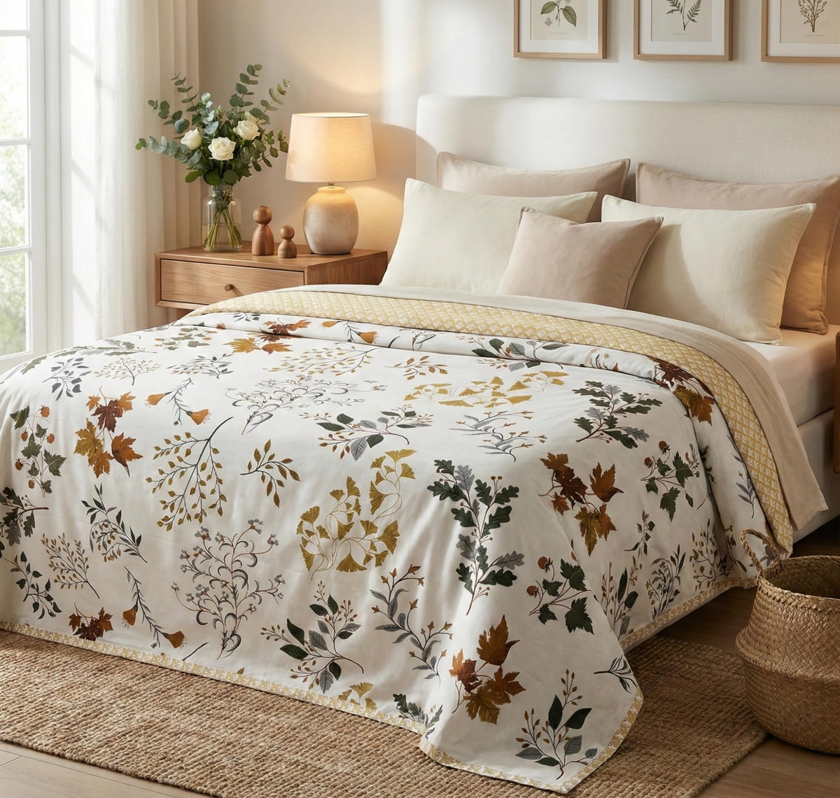 VAS COLLECTIONS Cotton AC Blanket for Double Bed (220×230 cm) | Reversible Soft Lightweight All-Season Blanket | Skin-Friendly & Breathable Comforter (Golden Leaf Garden) Kafalo