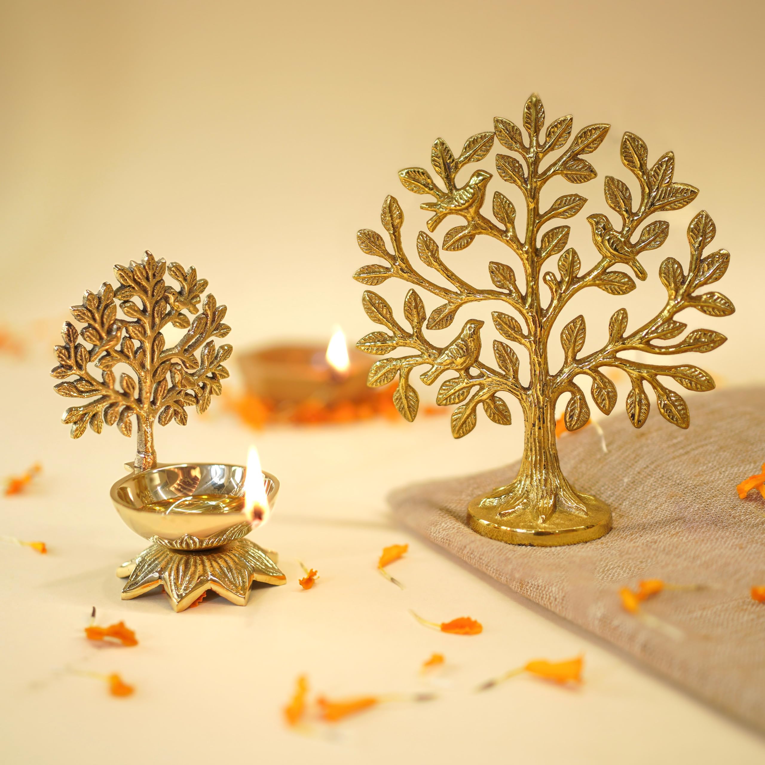 BEHOMA Brass Kalpvriksh Tree with Birds (6 in) & Kalpavriksha Diya (4.1in)