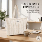 HOUSE OF ORLO Women's Cotton Quilted Aesthetic Western Tote Bags, Waffle Weave Handmade With Zipper And Double Handles For Women & Girls, Daily Use Handbag For College/Travel/Work (Ecru-Beige)