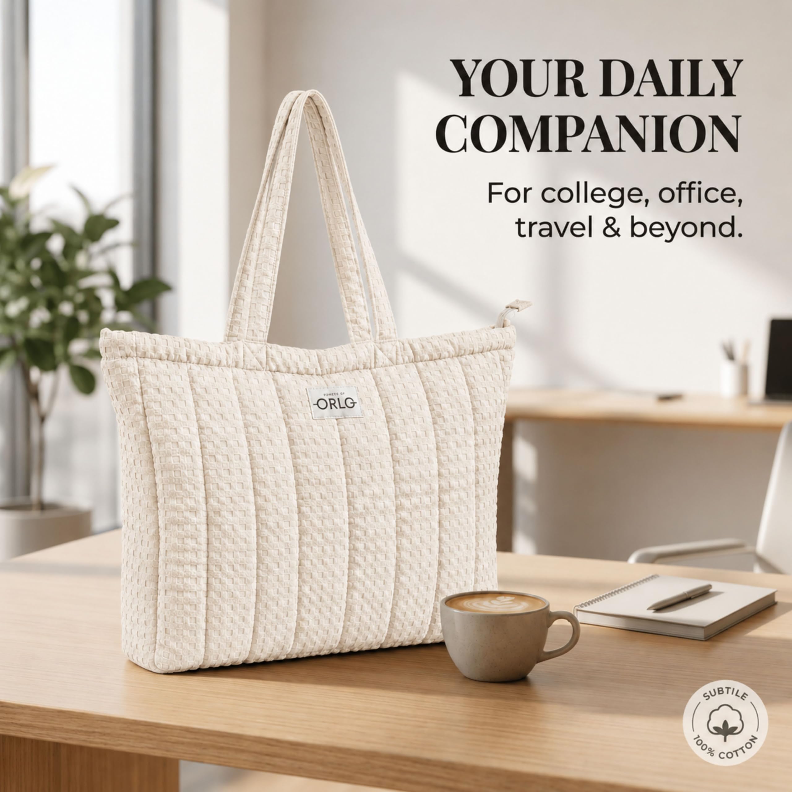 HOUSE OF ORLO Women's Cotton Quilted Aesthetic Western Tote Bags, Waffle Weave Handmade With Zipper And Double Handles For Women & Girls, Daily Use Handbag For College/Travel/Work (Ecru-Beige)