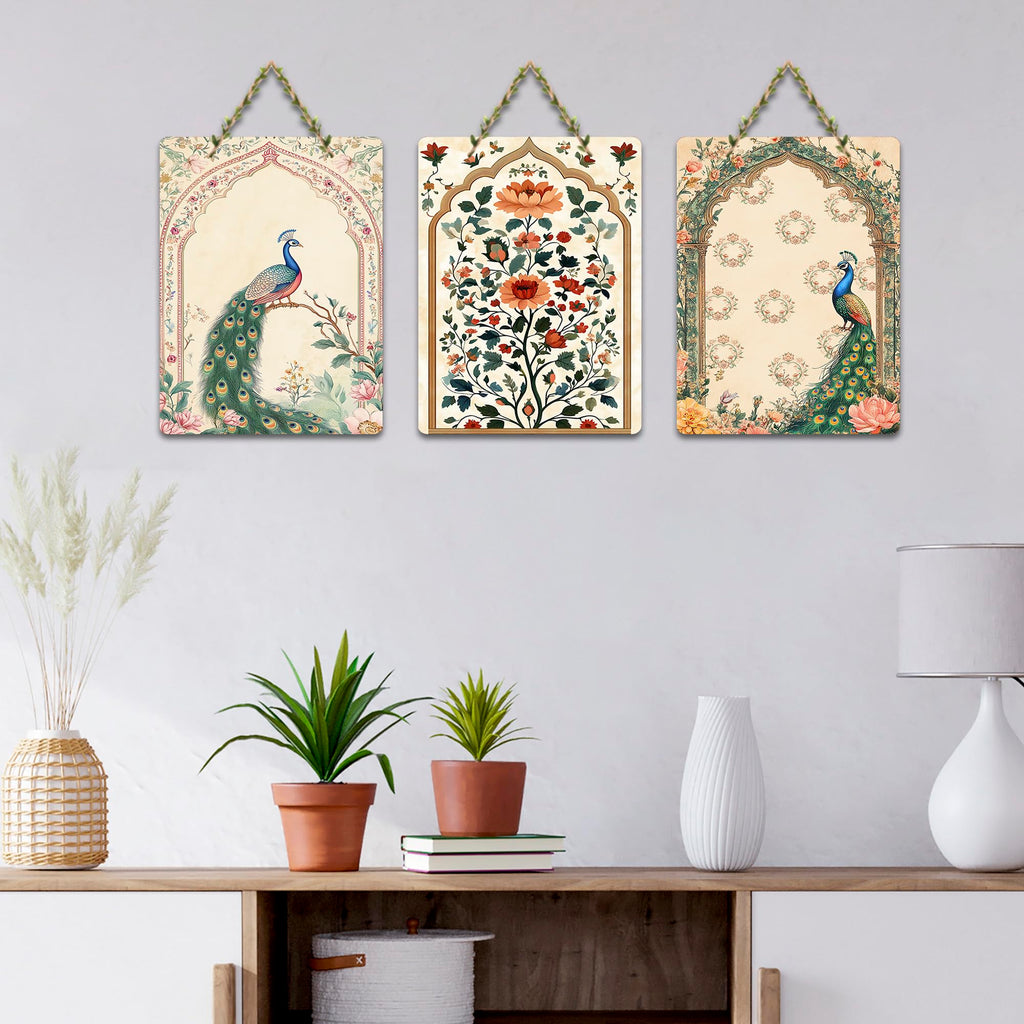 Artvibes Peacock Pichwai Art Decorative Wall Art MDF Wooden Wall Hanger for Home | Room Wall Art | Modern Decor Artwork | Living Room | Cafe | Wall Illustrations | Gift Items (WH_96106N), Set of 3