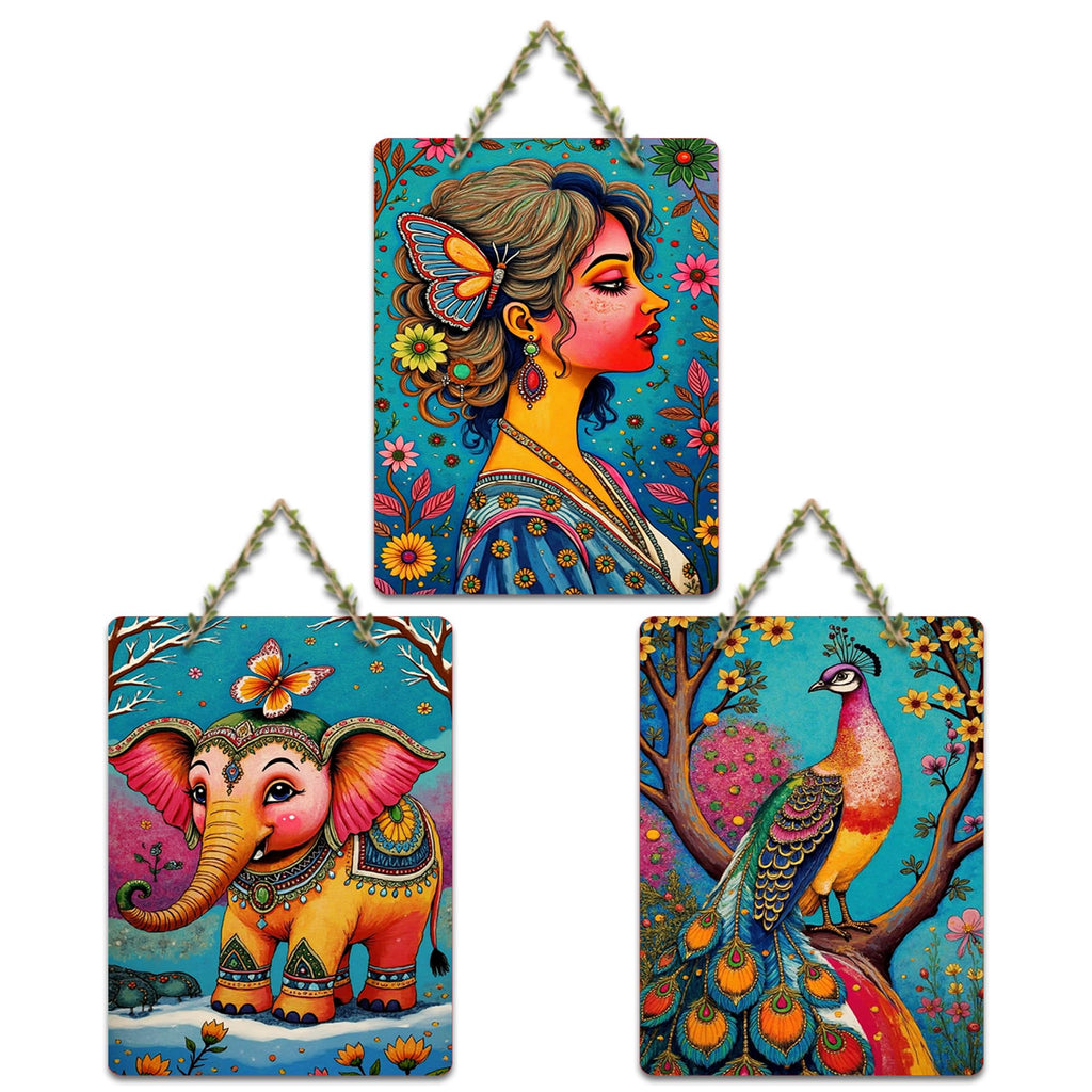 Artvibes Vibrant Portrait, Elephant and Peacock Wooden Wall Hanger for Home Decor | Handcrafted Art | Festive Decor | Wall Art Print | Paintings For Wall | Unique Gift Items (WH_9615N), Set of 3