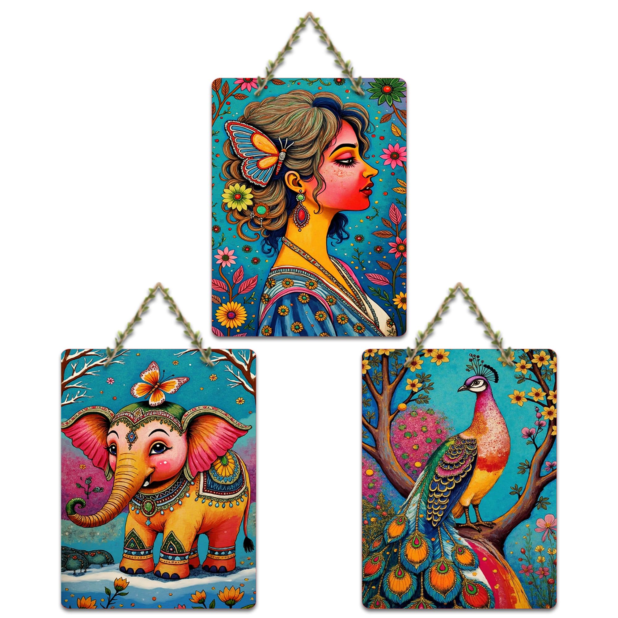 Artvibes Vibrant Portrait, Elephant and Peacock Wooden Wall Hanger for Home Decor | Handcrafted Art | Festive Decor | Wall Art Print | Paintings For Wall | Unique Gift Items (WH_9615N), Set of 3