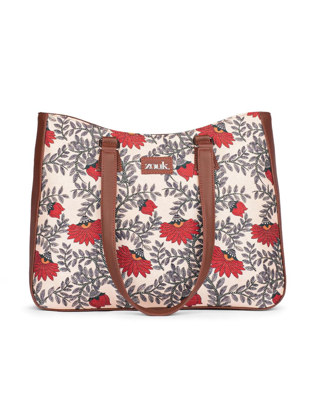 ZOUK Nawabi Couture Getaway Handbag | Jute | Vegan Leather Handcrafted Tote Bag | Beige and Red