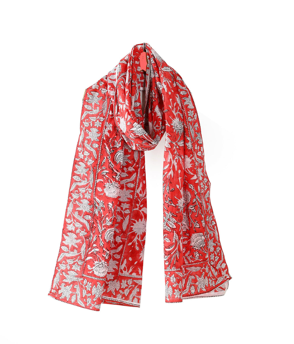 Ravaiyaa - Attitude is everything Hand Block Printed Cotton Long Stole Scarves Hijab Neck Wrap Scarf 71 X 21 Inch (Red White Floral)