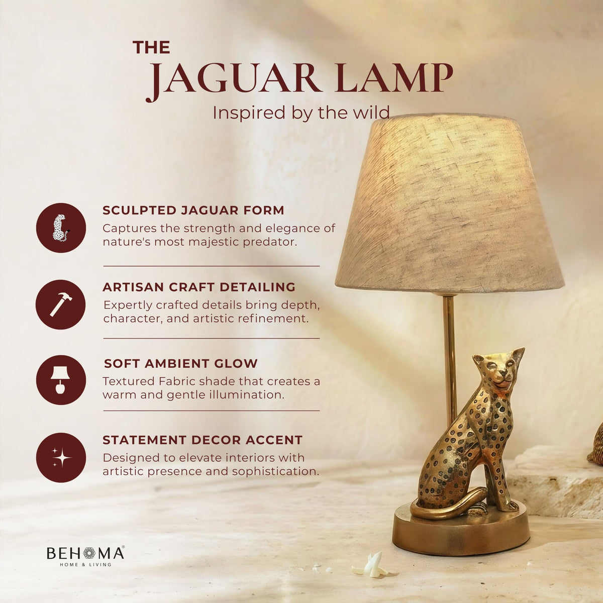 BEHOMA Jaguar Table Lamp with Antique Metal Base & Fabric Shade