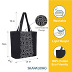 SKAPADORO Canvas Big Zip Handbag Shopping Tote,100% Cotton, Inner Pocket, Unisex Embroidered Comfortable Bag For Travel Office Beach Shopping, Easy To Wash Trendy Everyday Shoulder Bag(Black & White)