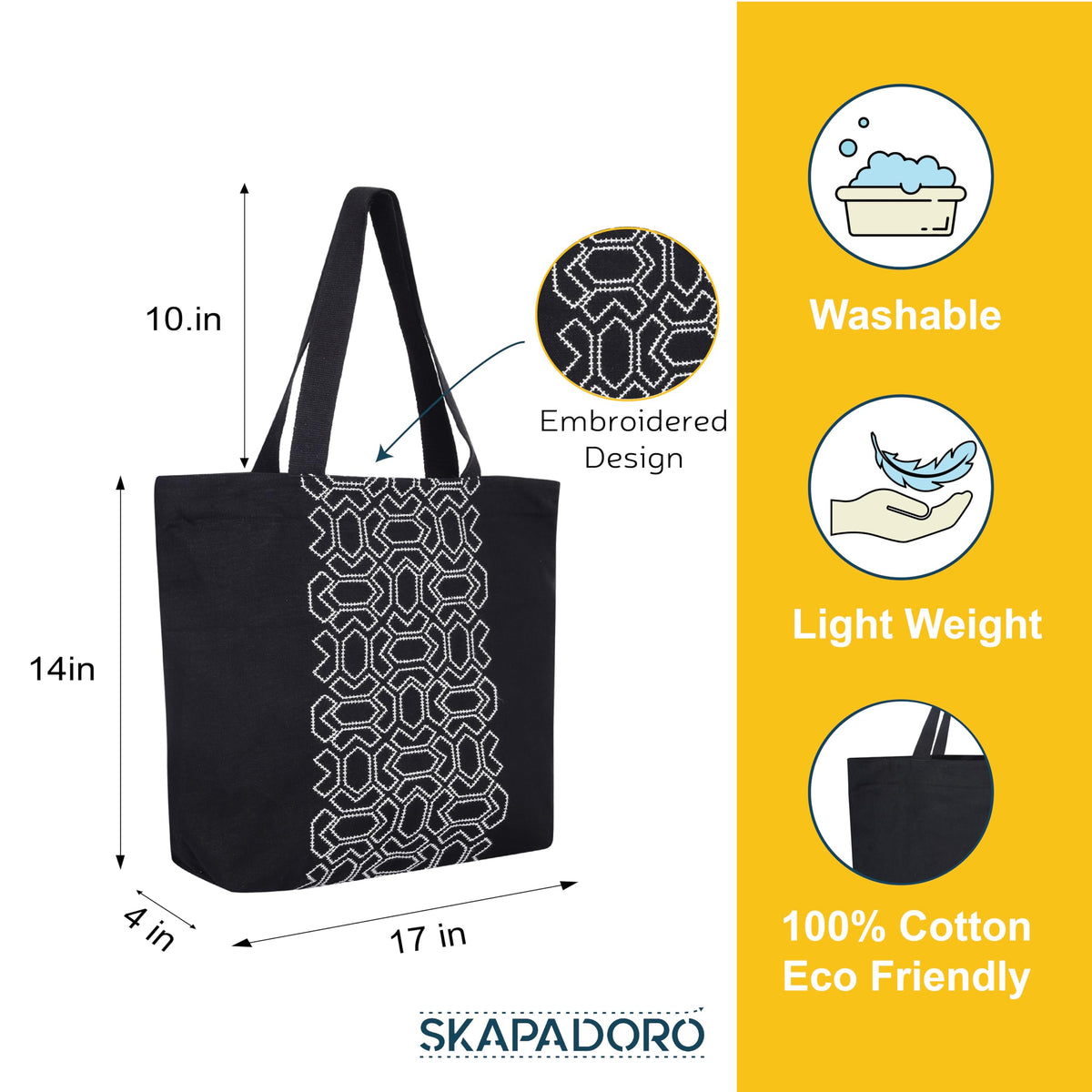 SKAPADORO Canvas Big Zip Handbag Shopping Tote,100% Cotton, Inner Pocket, Unisex Embroidered Comfortable Bag For Travel Office Beach Shopping, Easy To Wash Trendy Everyday Shoulder Bag(Black & White)