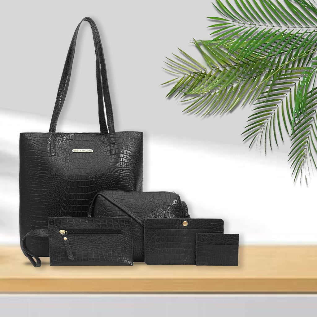 Bagsy Malone Women's Vegan Leather Stylish Tote Bag Pack of 5 | Ladies Purse Handbag (Croco Black)