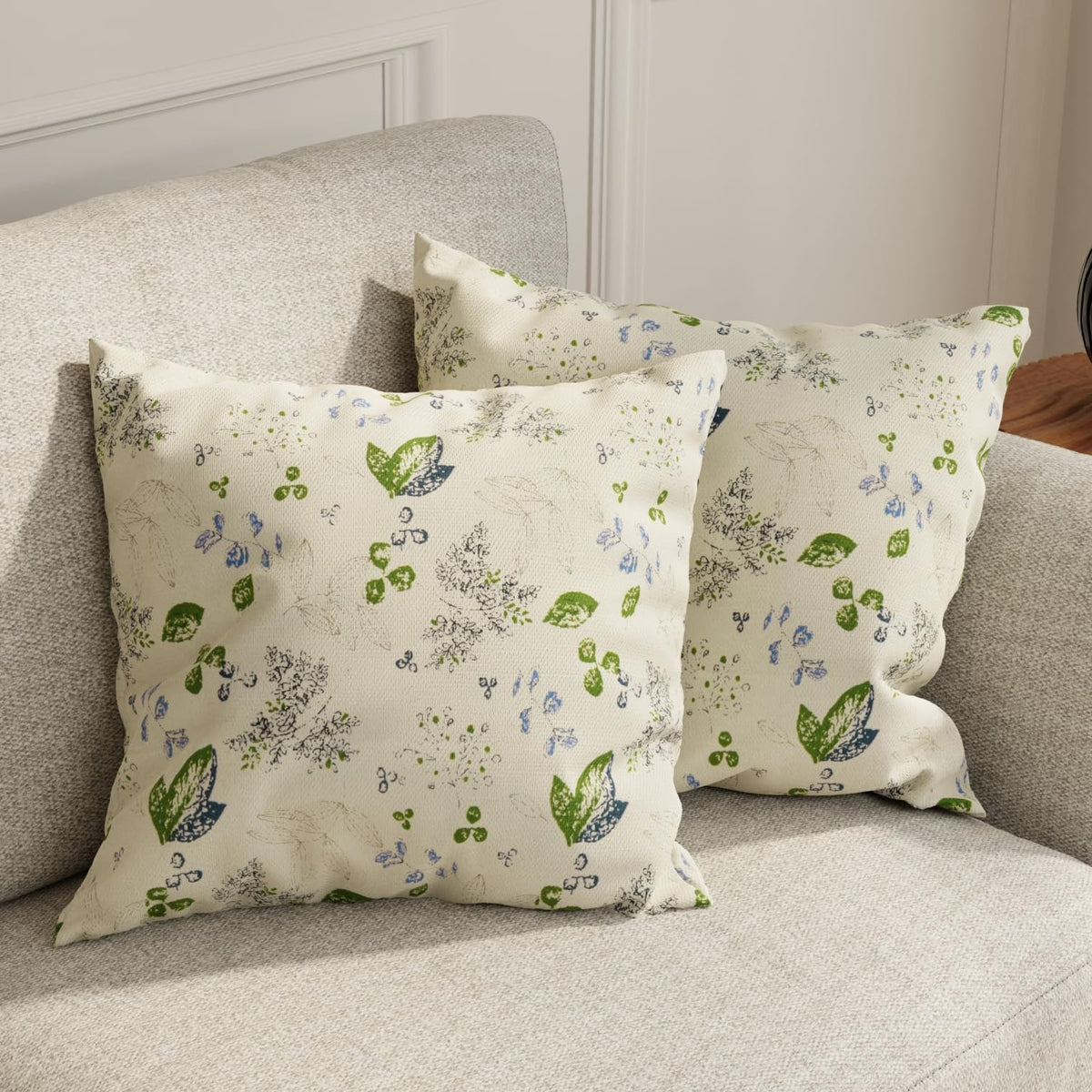 HUESLAND Premium Cotton Cushion Cover 16 inch x 16 inch | Decorative Square Throw Pillow Covers Set for Sofa, Living Room & Bedroom | Set of 2 | Green Leaf Floral