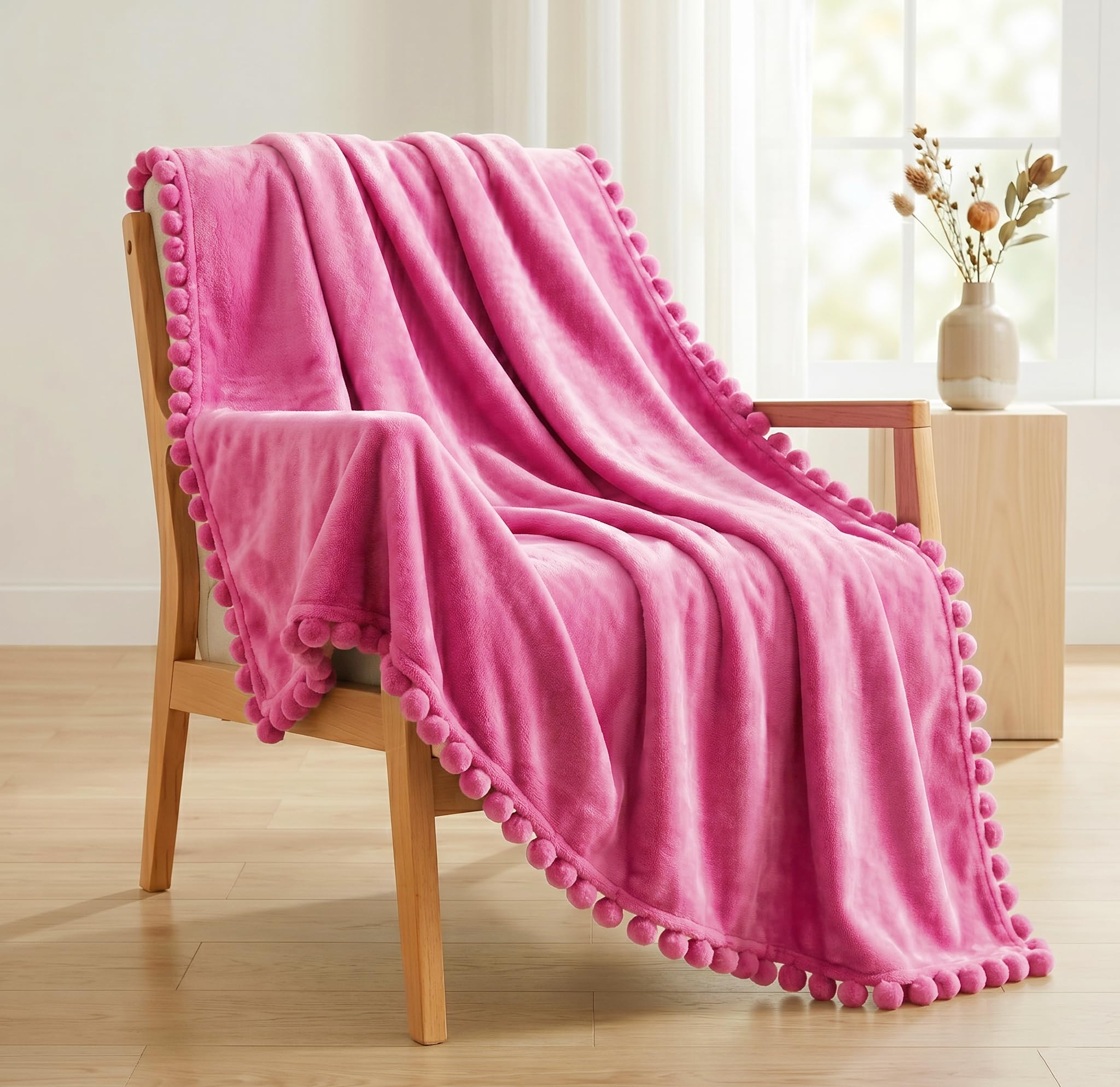 VAS COLLECTIONS Premium Plush Fleece Blanket 250 GSM | Ultra Soft Lightweight Cozy Throw with Pom-Pom Trim | Multipurpose for Bed, Sofa, Couch, Travel & Camping | 152x114 cm (60x45 Inches), Pink Kafalo