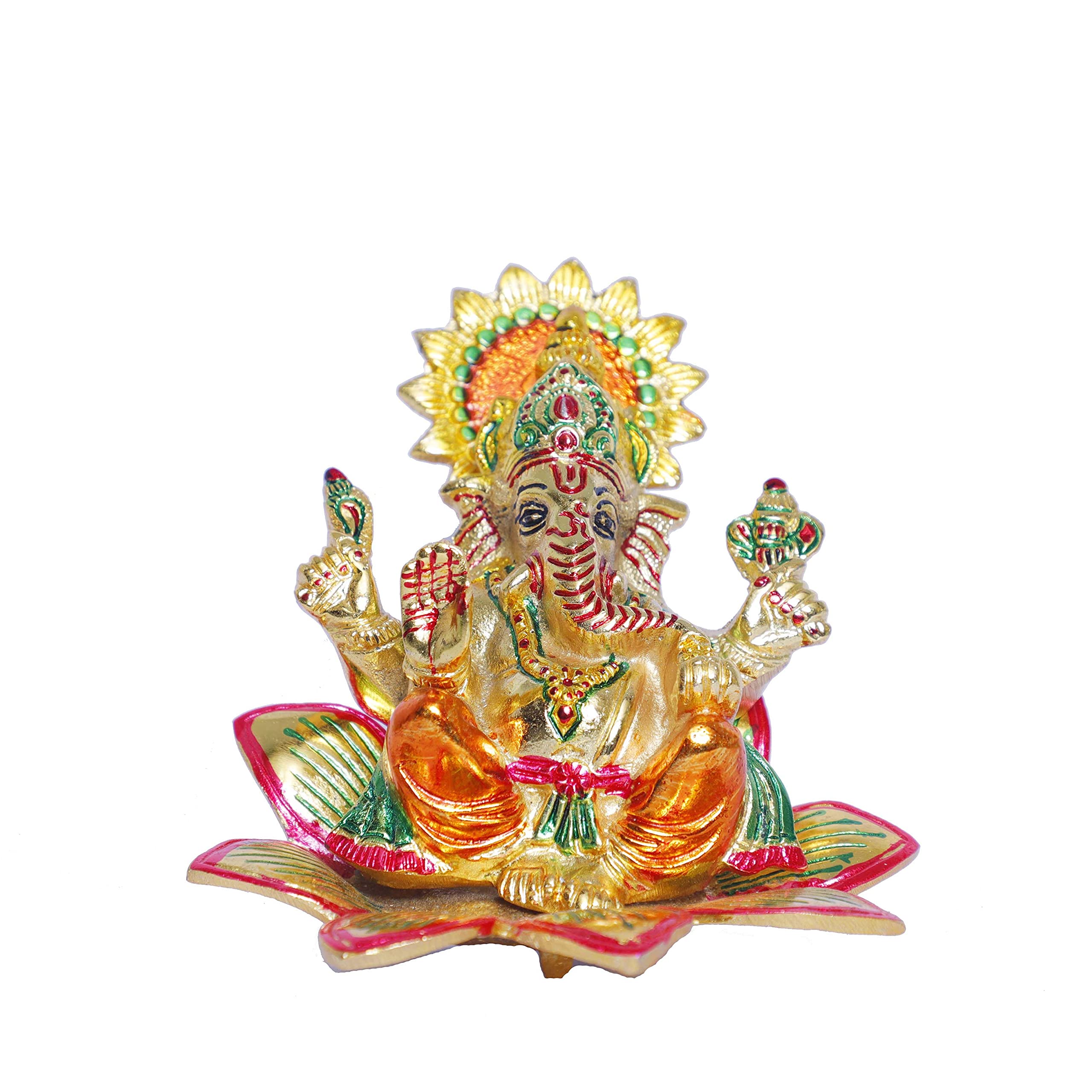 KridayKraft Metal Ganesha Sitting on Flower Multi Color menakari Leaf for Pooja,Home,Office Decorative for Table and Gifts